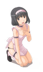 Rule 34 | 1girl, apron, black hair, breasts, cleavage, hair ornament, happy, imo works, kimi kiss, bridal garter, lingerie, looking at viewer, maid, maid apron, naked apron, nearly naked apron, open mouth, panties, shijou mitsuki, short hair, smile, solo, underwear