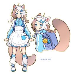Rule 34 | 1girl, angry, animal ears, apron, backpack, bag, blue eyes, blue jacket, blue shorts, braid, brown hair, cat ears, cat girl, cat tail, commentary, cropped torso, english commentary, fish hair ornament, full body, hair ornament, hairclip, highres, jacket, leg warmers, maid, maid headdress, multicolored hair, multiple views, name tag, original, pout, randoseru, shoes, short hair, shorts, signature, simple background, sneakers, tail, track jacket, twin braids, two-tone hair, wed (lim38869577), white apron, white background, white footwear, white hair