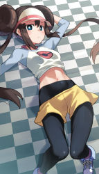 Rule 34 | 1girl, arm up, black pantyhose, blue eyes, breasts, bright pupils, brown hair, checkered floor, closed mouth, clothes lift, clothes pull, commentary request, creatures (company), double bun, doughnut hair bun, from above, game freak, hair bun, highres, long hair, navel, nintendo, pantyhose, pokemon, pokemon bw2, raglan sleeves, rosa (pokemon), shirt lift, shorts, shorts pull, solo, tokumaro, twintails, visor cap, white pupils, yellow shorts