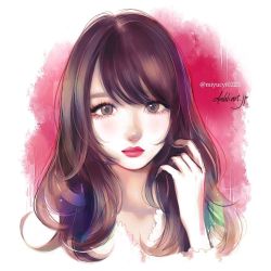 Rule 34 | 1girl, artist name, bad id, bad instagram id, brown eyes, brown hair, closed mouth, commentary, commission, english commentary, eyelashes, hand in own hair, hand up, lips, lipstick, long hair, long sleeves, looking at viewer, makeup, original, portrait, red lips, solo, swept bangs, takenaka, watermark, web address