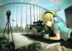 Rule 34 | 1girl, ai arctic warfare, blonde hair, bolt action, ear protection, gloves, gou (double trigger), green eyes, gun, headphones, highres, iris (material sniper), looking at viewer, material sniper, ponytail, pov, railing, range finder, rifle, scope, short ponytail, sleeves rolled up, sniper rifle, sniper team, weapon