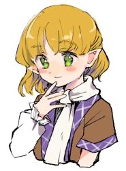 Rule 34 | 1girl, \||/, arm warmers, blonde hair, blush stickers, cropped torso, green eyes, hair behind ear, hand up, light smile, medium hair, mizuhashi parsee, pointy ears, scarf, short hair, shukinuko, simple background, solo, touhou, upper body, white background
