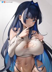 Rule 34 | 1girl, blue eyes, blue hair, blush, breasts, colored inner hair, commentary, earrings, english commentary, greatodoggo, hair intakes, highleg, highleg panties, highres, hololive, hololive english, jewelry, large breasts, long hair, looking at viewer, multicolored hair, ouro kronii, panties, patreon logo, patreon username, shirt, smile, solo, torn clothes, torn shirt, twitter logo, twitter username, underwear, virtual youtuber