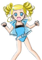 Rule 34 | 00s, 1girl, bad anatomy, bad proportions, belt, blonde hair, blue eyes, bubble, drill hair, fingerless gloves, flo (guilty hearts), gloves, goutokuji miyako, hair ornament, hairclip, no nose, open mouth, poorly drawn, powerpuff girls, powerpuff girls z, revision, rolling bubbles, simple background, solo, twintails, white background