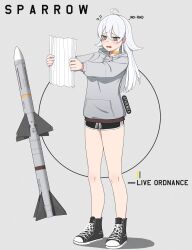 Rule 34 | 1girl, ?, @ @, ahoge, aim-7 sparrow, artist name, atamonica, black eyes, black footwear, black shorts, boots, commentary, confused, drawstring, english commentary, english text, full body, grey background, grey hoodie, hair between eyes, holding, holding map, hood, hoodie, knees, legs, long bangs, long hair, looking at map, map, missile, open mouth, original, outstretched arms, shorts, solo, white hair