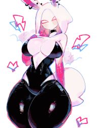 Rule 34 | black bodysuit, black choker, blush, bodysuit, breasts, choker, ear piercing, gwen stacy, heart, highres, hood, large breasts, looking at viewer, marvel, navel, piercing, rabbit ears, rabbit girl, rabbit tail, skin tight, smile, spider-gwen, spider-man: into the spider-verse, spider-man (series), spider-verse, spider web print, thick thighs, thighs, usa37107692, white bodysuit, white eyes, wide hips