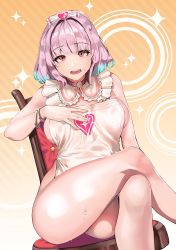 Rule 34 | 1girl, ahoge, apron, bad id, bad twitter id, blue hair, blush, bracelet, breasts, collar, crossed legs, dutch angle, fang, hair intakes, hand on own chest, heart, highres, idolmaster, idolmaster cinderella girls, ihobus, jewelry, large breasts, looking at viewer, multicolored hair, naked apron, open mouth, pink eyes, pink hair, shirt, short hair, short sleeves, sitting, solo, stool, sweat, thighs, two-tone hair, yumemi riamu