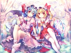 Rule 34 | 2girls, arm ribbon, ascot, bat wings, bed, blonde hair, blue hair, brooch, canopy bed, dress, fang, flandre scarlet, frilled legwear, garter straps, hat, hat ornament, hat ribbon, holding hands, jewelry, mob cap, multiple girls, on bed, open mouth, pink dress, puffy short sleeves, puffy sleeves, rabbit, red dress, red eyes, remilia scarlet, ribbon, riichu, sash, short sleeves, siblings, sisters, sitting, smile, socks, thighhighs, touhou, white legwear, wings, wrist cuffs, zettai ryouiki