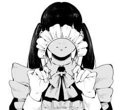 Rule 34 | 1girl, apron, black dress, black hair, bow, bowtie, collared dress, covering own eyes, dress, frilled apron, frills, greyscale, hands up, headdress removed, holding headdress, long hair, long sleeves, maid, maid apron, maid headdress, monochrome, original, simple background, solo, suzushiro (suzushiro333), twintails, white apron, white background