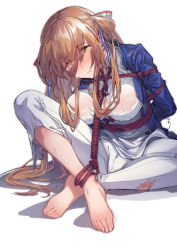 Rule 34 | 1girl, aningay, barefoot, bdsm, blazer, blush, bondage, bound, breasts, brown hair, dress, feet, girls&#039; frontline, green eyes, hair between eyes, hair ribbon, hair rings, jacket, large breasts, long hair, long sleeves, looking at viewer, open mouth, restrained, ribbon, shirt, sidelocks, sitting, solo, springfield (girls&#039; frontline), tareme, tearing up, toes, torn clothes, white dress