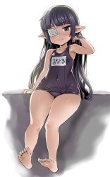 Rule 34 | 10s, 1girl, adjusting hair, alternate costume, asanagi, barefoot, black hair, blunt bangs, blush, commentary request, eyepatch, feet, full body, granblue fantasy, grey eyes, harvin, highres, long hair, looking at viewer, lunalu (granblue fantasy), medical eyepatch, name tag, one-piece swimsuit, pointy ears, school swimsuit, sitting, smile, soles, solo, swimsuit, toes, wide hips