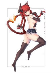 Rule 34 | 1girl, absurdres, alternate costume, animal ear fluff, animal ears, ass, bikini, braid, cat ears, cat tail, extra ears, finger to mouth, floating hair, from side, full body, heart, heart tail, highres, kaenbyou rin, line4x, long hair, looking at viewer, micro bikini, miniskirt, multiple tails, nekomata, pointy ears, red eyes, red hair, simple background, skirt, solo, swimsuit, tail, thighhighs, toes, touhou, twin braids, twintails, two tails, white background