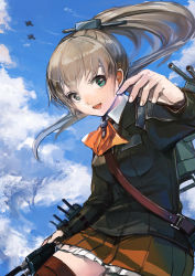 Rule 34 | 10s, 1girl, aircraft, airplane, aqua eyes, bad id, bad pixiv id, blazer, blue sky, blush, brown hair, brown thighhighs, cloud, day, hair ornament, hairclip, jacket, kantai collection, kumano (kancolle), long hair, nightmare-kck, open mouth, personification, ponytail, school uniform, skirt, sky, smile, solo, thighhighs
