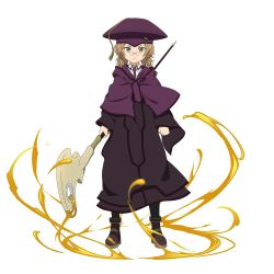 Rule 34 | 1girl, black coat, black necktie, brown hair, cardinal (sao), closed mouth, coat, collared shirt, frown, full body, glasses, green eyes, hat, highres, holding, holding staff, long sleeves, looking at viewer, medium hair, necktie, official art, pince-nez, purple coat, purple hat, shirt, solo, staff, standing, sword art online, transparent background, white shirt, wing collar