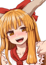 Rule 34 | 1girl, :d, armpits, blush, bow, brown eyes, hair bow, head tilt, highres, horns, ibuki suika, itou yuuji, long hair, open mouth, orange hair, red bow, simple background, slit pupils, smile, solo, toned, torn clothes, touhou, upper body, white background
