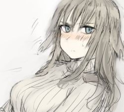 Rule 34 | 1girl, bad id, bad twitter id, blue eyes, blush, breasts, brown hair, elizabeth f. beurling, female focus, frown, large breasts, long hair, looking away, lowres, ohashi (hashidate), ribbed sweater, simple background, solo, strike witches, strike witches: suomus misfits squadron, sweatdrop, sweater, upper body, world witches series