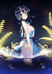 Rule 34 | 1girl, absurdres, artist request, ass, bad id, bad pixiv id, bare shoulders, black hair, blue eyes, blue ribbon, blush, breasts, closed mouth, dress, fate/grand order, fate/requiem, fate (series), fundoshi, highres, japanese clothes, jewelry, large breasts, looking at viewer, magatama, magatama hair ornament, medium hair, multicolored hair, necklace, night, night sky, pelvic curtain, pink hair, ribbon, seigaiha, short dress, sideboob, sideless outfit, sky, sleeveless, sleeveless dress, smile, star (sky), starry sky, streaked hair, thighs, utsumi erice, wading, water, white dress