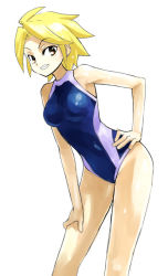 Rule 34 | 1girl, adachi yousuke, blonde hair, brown eyes, competition swimsuit, grin, hand on own hip, leaning forward, one-piece swimsuit, original, short hair, smile, solo, swimsuit