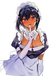 Rule 34 | 1girl, absurdres, apron, black hair, blush, breasts, cleavage, dark-skinned female, dark skin, elbow gloves, gloves, highres, index finger raised, konbu wakame, large breasts, lilith (saikin yatotta maid ga ayashii), looking at viewer, maid, maid apron, maid headdress, mole, mole on breast, mole under eye, parted lips, puffy short sleeves, puffy sleeves, purple eyes, saikin yatotta maid ga ayashii, short hair, short sleeves, simple background, smile, solo, textless version, white background, white gloves
