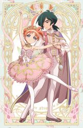 Rule 34 | 1boy, 1girl, ahoge, alternate costume, arch, arm up, ballerina, ballet slippers, black footwear, black hair, blouse, blue eyes, bow, cape, commentary, dancing, detached collar, detached sleeves, english commentary, fakir (princess tutu), frilled sleeves, frills, full body, gem, grey eyes, hair bun, hands up, kaze-hime, leg lift, leggings, leotard, light smile, long sleeves, looking at another, looking up, low ponytail, orange hair, parted lips, pink bow, pink footwear, pink ribbon, pink vest, princess tutu, princess tutu (character), puffy long sleeves, puffy sleeves, purple cape, red gemstone, ribbon, shirt, short ponytail, standing, standing on one leg, stopwatch, tiara, tutu, two-sided cape, two-sided fabric, vest, watch, white leggings, white leotard, white shirt
