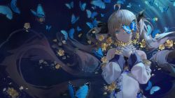 Rule 34 | 1girl, ahoge, bare shoulders, black ribbon, blonde hair, blue butterfly, bug, butterfly, crying, detached sleeves, douya (233), flower, from above, gloves, green eyes, hair ribbon, half gloves, hands on own neck, insect, long hair, long sleeves, looking at viewer, lying, on back, one eye covered, original, partially submerged, ribbon, shirt, solo, tears, twintails, very long hair, white gloves, white shirt, white sleeves, yellow flower