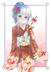 Rule 34 | 10s, 1girl, alternate costume, alternate hairstyle, arrow (projectile), bell, blunt bangs, blush, commentary request, floral print, flower, gloves, gradient background, grey eyes, hair flower, hair ornament, hair up, hamaya, hatsukaze (kancolle), highres, holding, holding arrow, japanese clothes, jingle bell, kantai collection, kimono, long hair, looking at viewer, obi, outside border, ponytail, print kimono, red ribbon, ribbon, sash, shinonome yuu, sidelocks, silver hair, simple background, smile, solo, standing, translation request, white gloves, wide sleeves