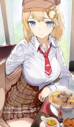 Rule 34 | 1girl, blonde hair, blue eyes, bowl, bra visible through clothes, bralines, breasts, brown coat, brown hat, brown skirt, chicken (food), coat, collar, collarbone, collared shirt, cup, drinking glass, food, fried chicken, glass, hair ornament, hat, hews, highres, hololive, hololive english, hot sauce, indoors, large breasts, light blush, light smile, long sleeves, medium hair, monocle, mori calliope, necktie, noodles, plaid, plaid headwear, plaid skirt, plate, pleated skirt, pogchamp (meme), ramen, red necktie, sauce, shirt, sitting, skirt, solo, squid, table, tea, teacup, virtual youtuber, water, watson amelia, watson amelia (1st costume), white collar, white shirt, window