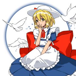 Rule 34 | 1girl, animal, apron, between legs, bird, blonde hair, blue dress, bow, circle, closed mouth, dove, dress, frilled apron, frills, hand between legs, hand to own mouth, hand up, hat, huge bow, kaigen 1025, kana anaberal, looking at viewer, maid apron, neck ribbon, puffy short sleeves, puffy sleeves, red bow, red ribbon, ribbon, short hair, short sleeves, sitting, solo, touhou, touhou (pc-98), white apron, white background, white bird, white hat, yellow eyes
