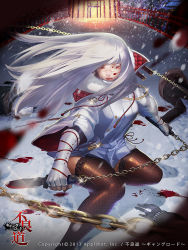 Rule 34 | 10s, 1girl, 2013, blood, chain, dated, fingerless gloves, furyou michi ~gang road~, gloves, knife, long hair, original, parted lips, red eyes, silver hair, snow, snowing, solo focus, thighhighs, ukero