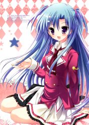 Rule 34 | 1girl, :d, absurdres, argyle, argyle background, argyle clothes, ascot, blue hair, blush, buttons, full body, haotone tsubasa, highres, kisaragi gold star, long hair, long sleeves, looking at viewer, open mouth, purple eyes, school uniform, sitting, skirt, smile, solo, star (symbol), tareme, two side up, very long hair, white skirt