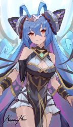 Rule 34 | antenna hair, armlet, bare shoulders, blue hair, breasts, butterfly wings, cleavage, cleavage cutout, clothing cutout, dragalia lost, hair ornament, highres, insect wings, jewelry, large breasts, long hair, origa (dragalia lost), punished pigeon, red eyes, side-tie costume, skirt, smile, solo, white skirt, wings