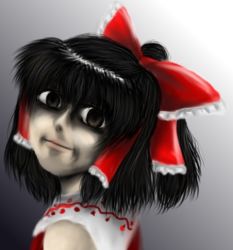 Rule 34 | 1girl, :i, :|, black eyes, black hair, bow, brown eyes, closed mouth, creepy, detached sleeves, enokuma uuta, female focus, hair bow, hair tubes, hakurei reimu, horror (theme), md5 mismatch, resolution mismatch, short hair, solo, source smaller, touhou, uncanny valley, what, wide-eyed
