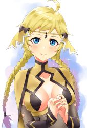 Rule 34 | 1girl, absurdres, ahoge, alternate hairstyle, blonde hair, blue eyes, braid, breasts, circlet, closed mouth, commission, commissioner upload, fire emblem, fire emblem fates, highres, igni tion, looking at viewer, medium breasts, nintendo, ophelia (fire emblem), own hands together, simple background, sparkle, upper body