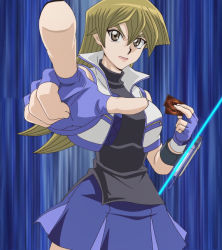 Rule 34 | 1girl, bare legs, breasts, cleavage, duel disk, emphasis lines, highres, index finger raised, large breasts, long hair, looking at viewer, plaid, plaid skirt, screencap, serious, skirt, solo, tenjouin asuka, third-party edit, uniform, wide hips, yu-gi-oh!, yu-gi-oh! arc-v