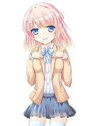 Rule 34 | 1girl, bad anatomy, bad hands, beige jacket, blazer, blue eyes, blue skirt, blush, breasts, collared shirt, commentary request, dress shirt, hands on own chest, head tilt, jacket, long hair, long sleeves, looking at viewer, original, parted lips, pink hair, pleated skirt, school uniform, shihou haru, shirt, simple background, skirt, small breasts, smile, solo, thighhighs, white background, white shirt, white thighhighs