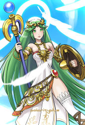 Rule 34 | 1girl, armlet, bangle, bare shoulders, blush, bracelet, breasts, closed mouth, dress, green eyes, green hair, jewelry, kid icarus, lips, long hair, lots of jewelry, matching hair/eyes, necklace, nintendo, palutena, polarityplus, scepter, shield, side slit, solo, strapless, strapless dress, thighhighs, very long hair, white dress, white thighhighs