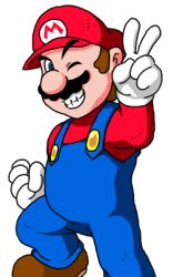 Rule 34 | 1boy, blue eyes, boots, brown hair, clenched hand, facial hair, gloves, hat, lowres, male focus, mario, mario (series), mustache, nakagawa rui, nintendo, overalls, solo, super mario bros. 1, suspenders, teeth, v, white background, wink