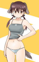 Rule 34 | 1girl, animal ears, bare shoulders, blush, brown eyes, brown hair, gertrud barkhorn, navel, panties, solo, strike witches, tail, tanaka rikimaru, tank top, twintails, underwear, underwear only, world witches series