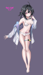 Rule 34 | 1girl, absurdres, ahoge, alternate eye color, arknights, bare legs, bare shoulders, barefoot, bikini, black hair, breasts, budesonide, cleavage, closed mouth, collarbone, corruption, dark persona, feather hair, frilled bikini, frills, gluteal fold, goggles, goggles around neck, grey jacket, hair bun, hair ornament, hairclip, highres, holding, jacket, la pluma (arknights), la pluma (summer flowers) (arknights), long sleeves, looking at viewer, off shoulder, official alternate costume, open clothes, open jacket, photoshop (medium), purple background, purple eyes, short hair, simple background, single hair bun, single side bun, smile, solo, swimsuit, test tube, thigh gap, thigh strap, white bikini