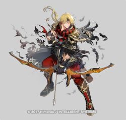 Rule 34 | 1boy, arrow (projectile), black feathers, black footwear, black gloves, black headband, black jacket, blonde hair, boots, bow (weapon), copyright notice, drawing bow, feathers, fire emblem, fire emblem heroes, full body, gloves, grey background, hair between eyes, headband, holding, holding bow (weapon), holding weapon, jacket, jeorge (fire emblem), knee boots, long hair, looking away, low ponytail, male focus, nintendo, official art, pants, parted bangs, ponytail, quiver, red pants, riz3, scarf, short sleeves, simple background, solo, standing, striped clothes, striped scarf, torn clothes, torn gloves, torn pants, watermark, weapon