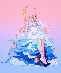 Rule 34 | 1girl, arms up, bare shoulders, blue background, closed eyes, cloud, crescent moon, dress, gradient background, highres, long hair, meyoco, moon, original, pink background, pink footwear, pink hair, purple background, shoes, solo, sparkle, white dress, wide shot