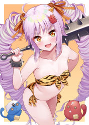 Rule 34 | 1girl, :d, absurdres, ahoge, animal print, bandeau, bare arms, bare shoulders, bikini, bracelet, breasts, club, club (weapon), collarbone, commentary request, cowboy shot, drill hair, fang, hair ribbon, highres, holding, holding weapon, jewelry, kanabou, long hair, looking at viewer, nail polish, navel, open mouth, orange ribbon, over shoulder, pink nails, print bikini, purple hair, ribbon, side-tie bikini bottom, skin fang, small breasts, smile, solo, spiked bracelet, spikes, standing, stomach, strapless, strapless bikini, swimsuit, tenneko yuuri, thighs, tiger print, tsuina-chan, twin drills, twintails, very long hair, voiceroid, weapon, weapon over shoulder, yellow eyes