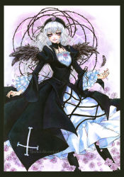 Rule 34 | 1girl, artist name, black wings, boots, breasts, collarbone, crayon (medium), cross, dress, feathers, flower, frills, gothic lolita, hairband, highres, hisekai, lolita fashion, lolita hairband, long hair, looking at viewer, marker (medium), plant, purple flower, purple rose, red eyes, ribbon, rose, rozen maiden, signature, silver hair, smile, solo, suigintou, traditional media, vines, watermark, wings