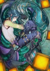 Rule 34 | 1boy, afloat, ahoge, arm tattoo, bare shoulders, blurry, blurry foreground, closed mouth, dhfz181, eyeshadow, fetal position, genshin impact, glowing, green hair, highres, lantern, light green hair, lying, makeup, male focus, mask, unworn mask, multicolored hair, on side, paper lantern, partially submerged, red eyeshadow, solo, streaked hair, tattoo, water, wet, xiao (genshin impact), yellow eyes