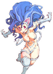 Rule 34 | 1girl, animal ears, animal hands, big hair, blue hair, breasts, capcom, cat ears, cat tail, claws, cleavage, felicia (vampire), fur, long hair, oono tsutomu, open mouth, pink eyes, simple background, solo, tail, thighs, vampire (game), white background