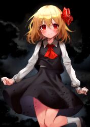 Rule 34 | 1girl, absurdres, ascot, black footwear, black skirt, black vest, blonde hair, blush, closed mouth, collared shirt, commentary, eyebrows hidden by hair, foot out of frame, hair between eyes, hair ribbon, highres, long sleeves, looking at viewer, red ascot, red eyes, red ribbon, ribbon, rumia, shianebulae, shirt, shoes, short hair, skirt, skirt set, sleeve cuffs, smile, socks, solo, touhou, vest, white shirt, white socks