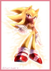 Rule 34 | 1boy, artist name, blonde hair, border, closed mouth, full body, furry, furry male, gloves, glowing, half-closed eyes, happy, heart, looking at viewer, male focus, outline, pink border, red eyes, red footwear, shiny clothes, shoes, simple background, smile, solo, sonic (series), sonic the hedgehog, spacecolonie, standing, super sonic, tumblr username, white background, white gloves, white outline
