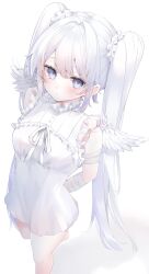 Rule 34 | 1girl, absurdres, bandaged arm, bandages, bare legs, bow, bowtie, breasts, closed mouth, dress, feathered wings, frilled dress, frills, from above, highres, light blush, long hair, looking at viewer, medium breasts, morino wako, original, purple eyes, shadow, simple background, solo, standing, tearing up, twintails, very long hair, white background, white bow, white bowtie, white dress, white hair, white wings, wings
