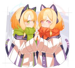 Rule 34 | 2girls, ;d, animal ear headphones, animal ears, araki495, blonde hair, blue archive, blush, bow, cat ear headphones, cheek-to-cheek, closed mouth, commentary request, fake animal ears, green bow, green eyes, green scarf, hair bow, halo, headphones, heads together, highres, jacket, midori (blue archive), momoi (blue archive), multiple girls, one eye closed, open mouth, purple eyes, red bow, red scarf, scarf, siblings, sidelocks, simple background, sisters, smile, tatara (alnath may), twins, upper body, white jacket