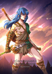 Rule 34 | 1boy, archaic set (zelda), blue eyes, blue hair, body markings, bow (weapon), broken, broken sword, broken weapon, cloud, collarbone, commentary, cosplay, english commentary, feet out of frame, fire emblem, fire emblem: genealogy of the holy war, gzei, hair between eyes, headband, highres, link, link (cosplay), long hair, nintendo, no pants, outdoors, prosthesis, prosthetic arm, seliph (fire emblem), shirt, short sleeves, single-shoulder shirt, single sleeve, solo, standing, sword, the legend of zelda, the legend of zelda: tears of the kingdom, tree, tunic, tyrfing (fire emblem), weapon
